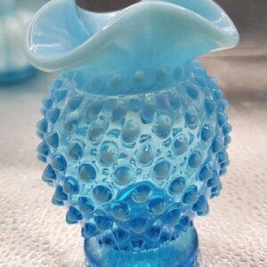 Fenton Blue Opalescent Hobnail Glass Vase Ruffled Lip - 1950s Vintage 4”